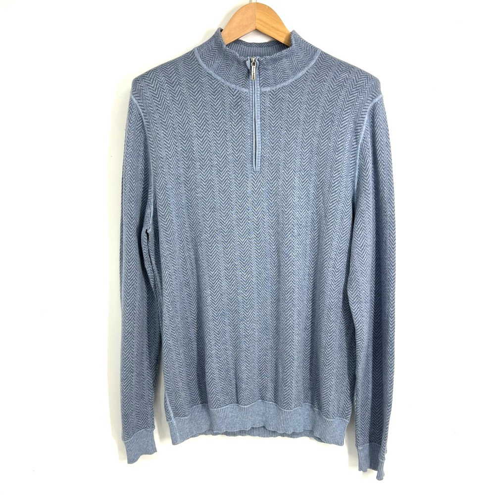 Tommy Bahama Quarter‎ Zip Sweater Mens Size M Blue Knit Herringbone Pima Cotton